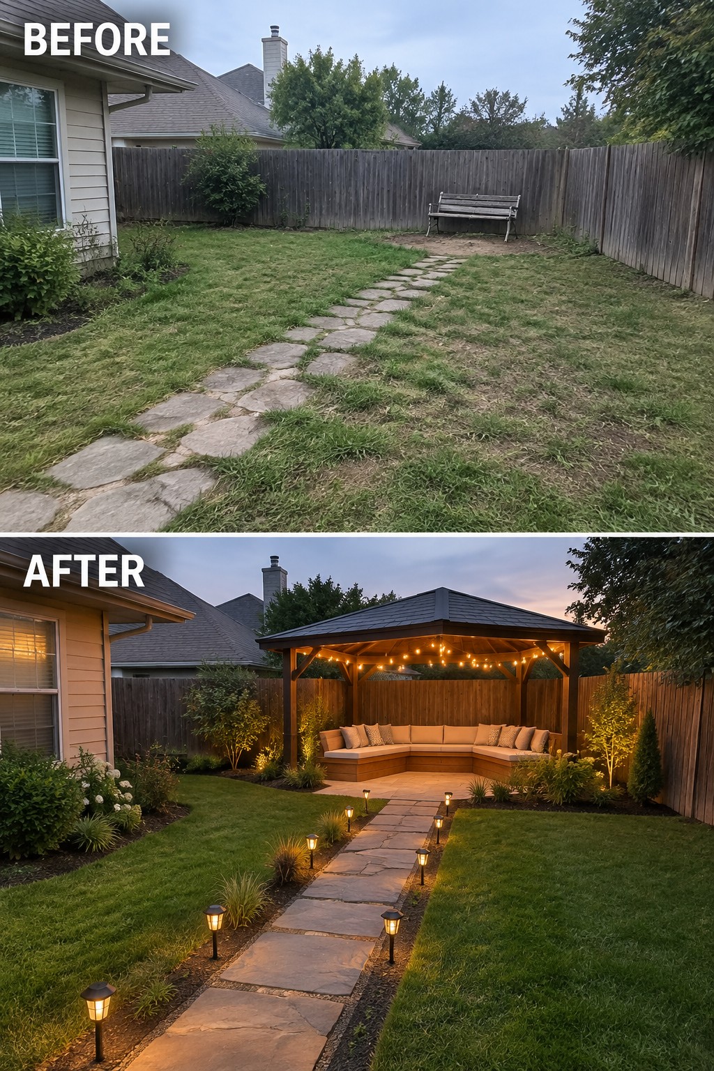 Before and after of wooden gazebo with string lights, rug, and lit chandelier