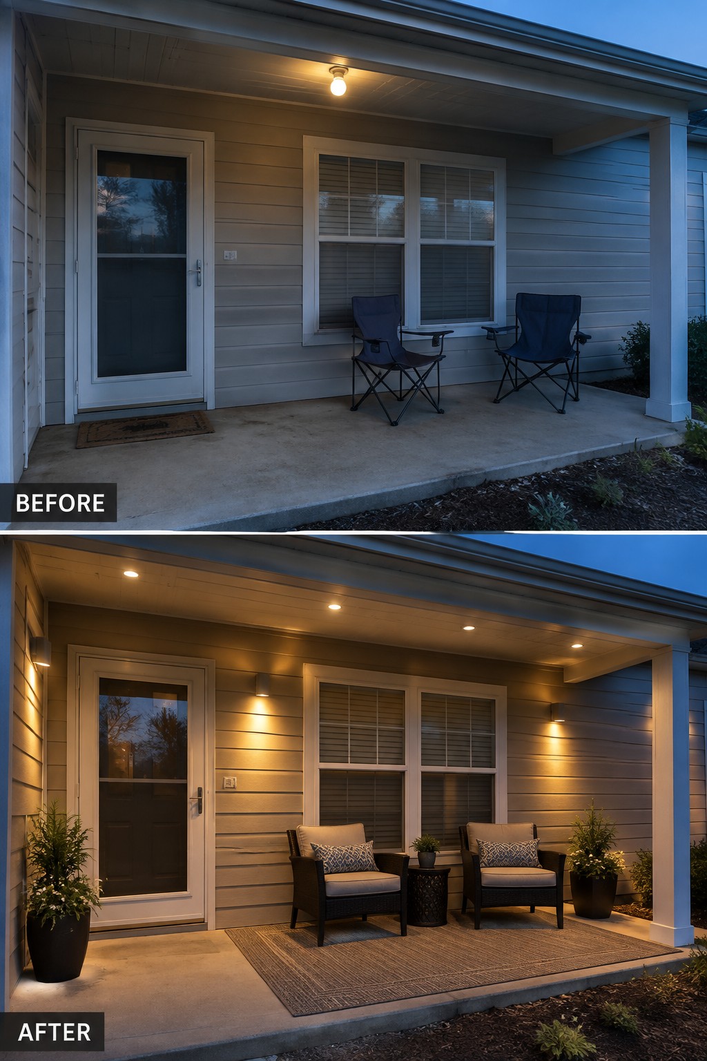 Before-and-after backyard fire pit with mismatched chairs transformed into lit stone seating