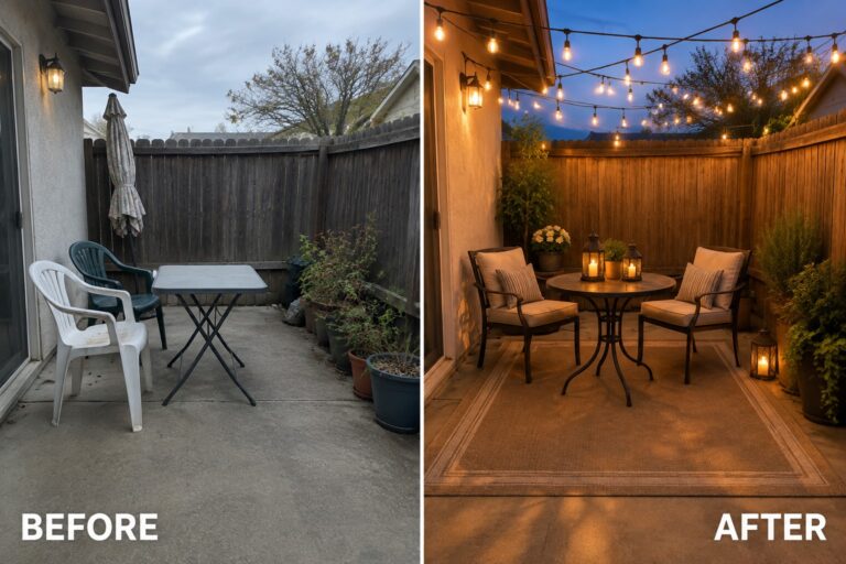 Before-and-after image of a concrete patio with scattered plastic chairs changed into a furnished outdoor seating area with a sectional sofa, rug, coffee table, and string lights.