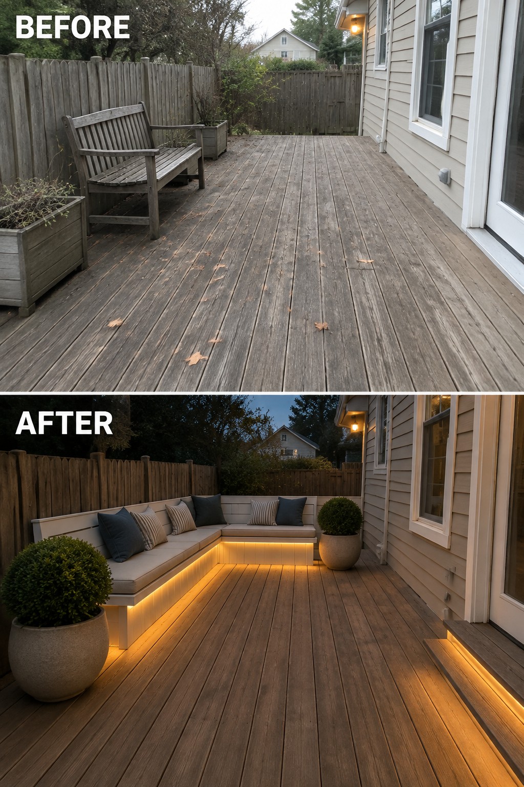 Before and after of a wooden deck with seating, plants, and glowing lights.
