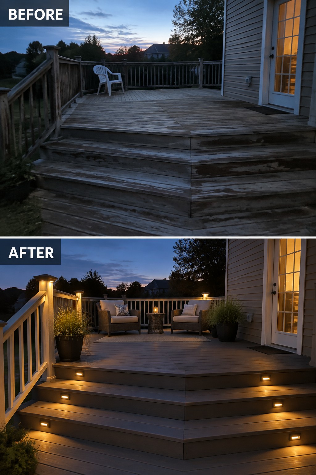 Before-and-after image of an empty backyard lawn transformed into a defined outdoor seating area with gravel, a sectional sofa, lanterns, and path lights.