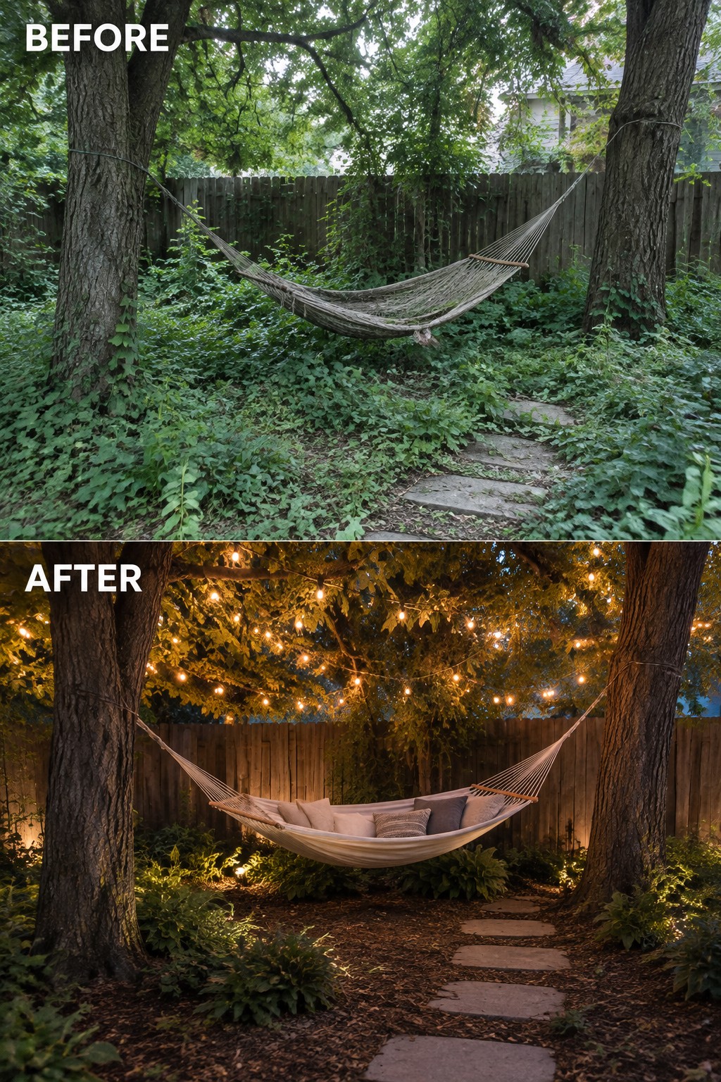 Before-and-after of a path with bench, string lights, lanterns and potted plant