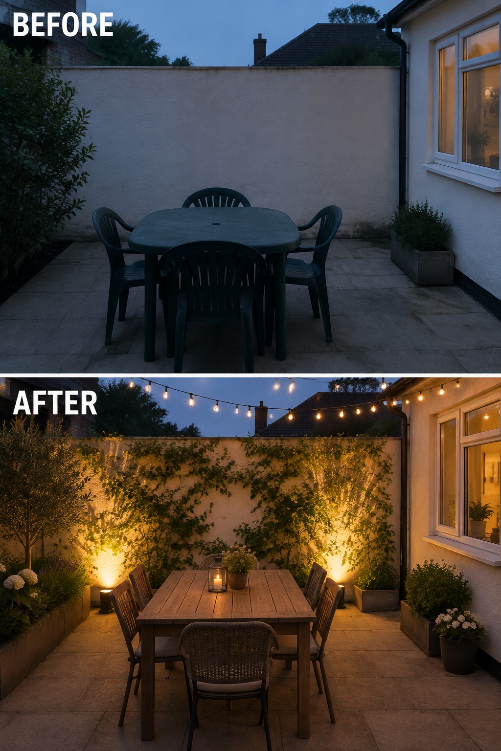 Before and after patio table: plastic chairs and bulb to wicker with pendant lights