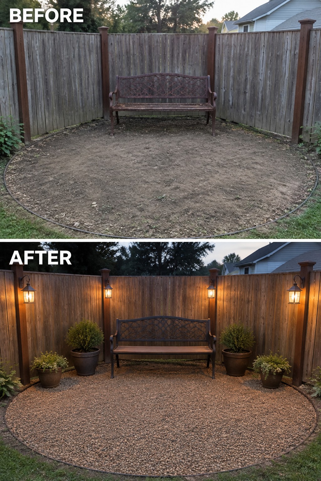 Before and after patio with black umbrella versus lit beige cantilever umbrella on rug