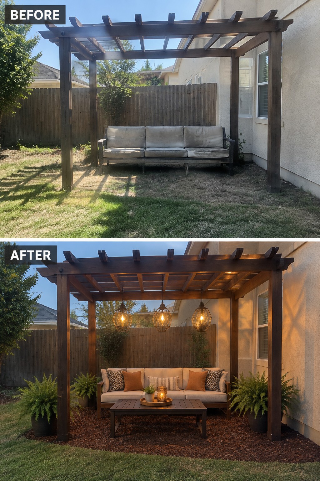 Before-and-after image of a backyard patio under a wooden pergola, changed from a basic picnic table to a dining area with string lights and hanging lanterns.