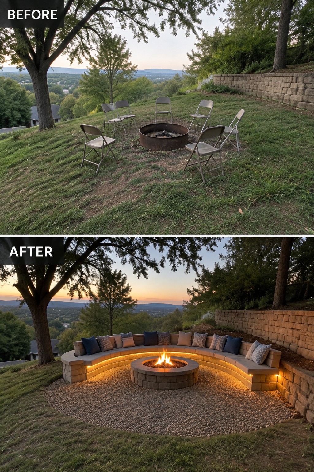 Before-and-after views of pool patio with lounge chairs and glowing blue lights