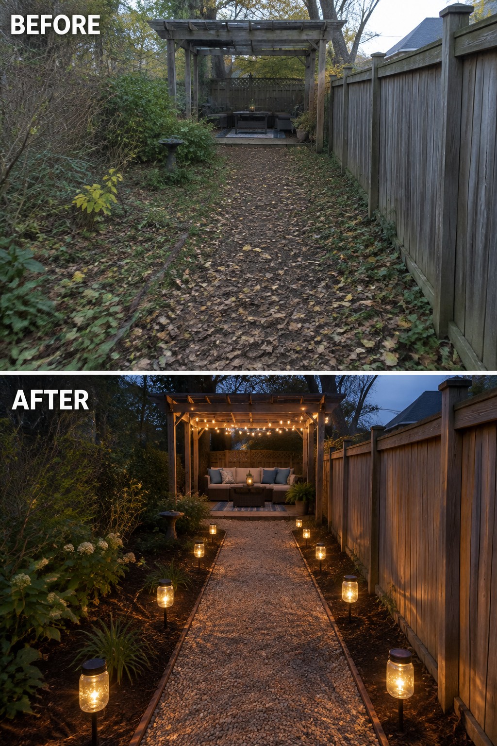 Before and after balcony transformation from plain table set to cozy cushioned lounge with lights