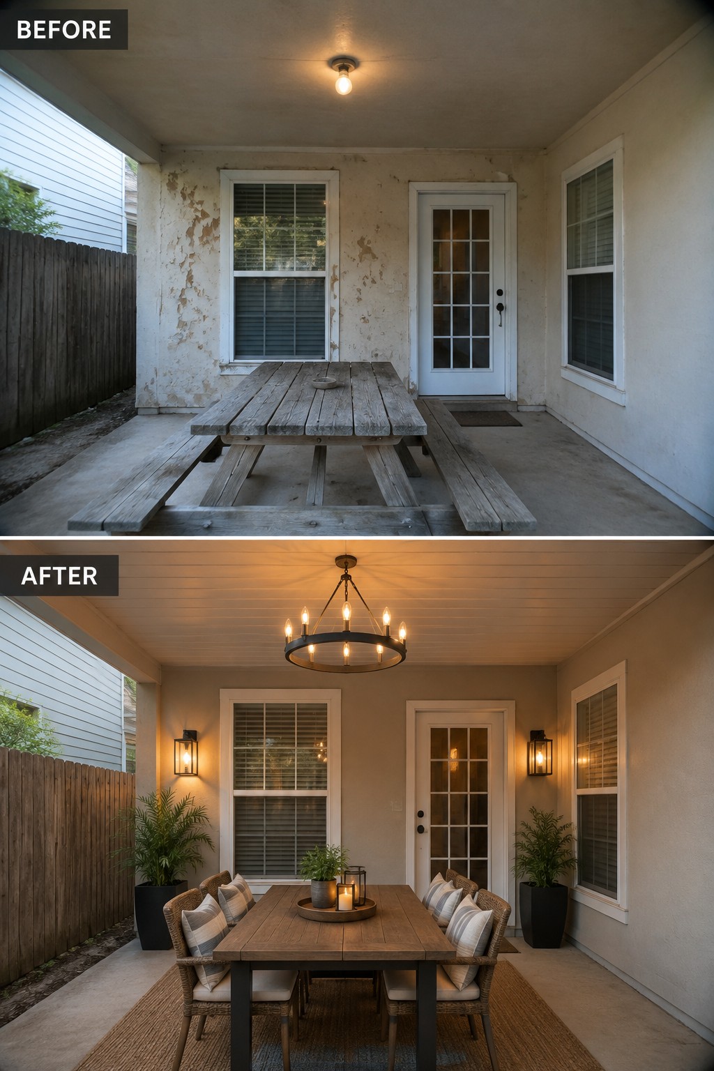 Before and after backyard with bench, stone path, plants, and pathway lights