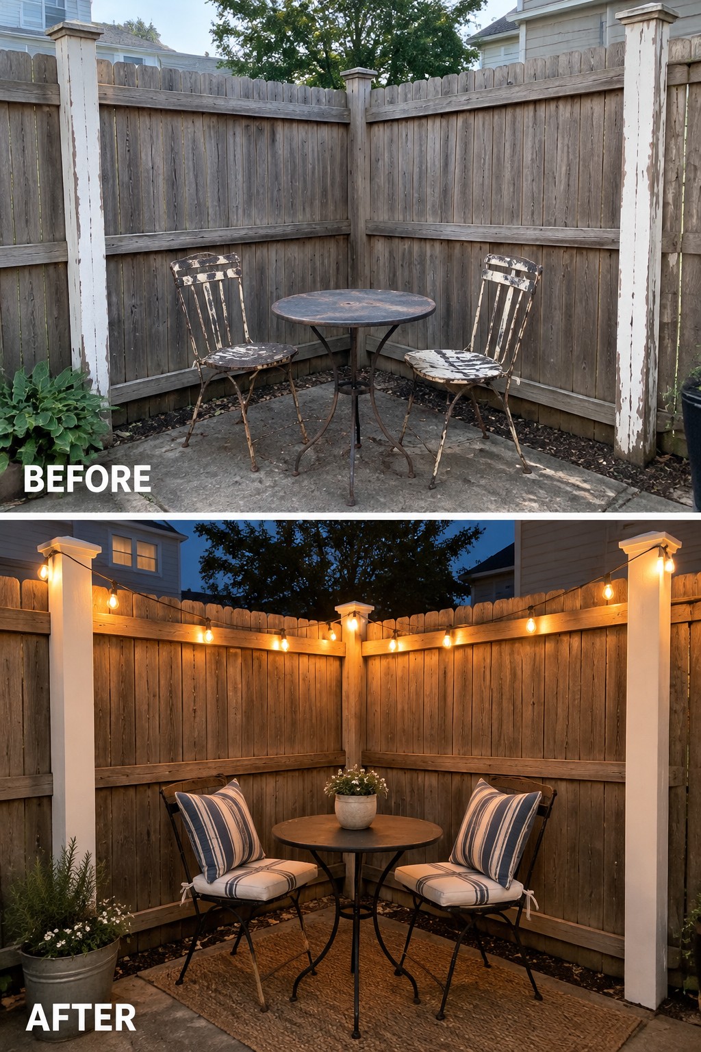 Before-and-after backyard fire pit with upgraded seating, string lights, and landscaping.