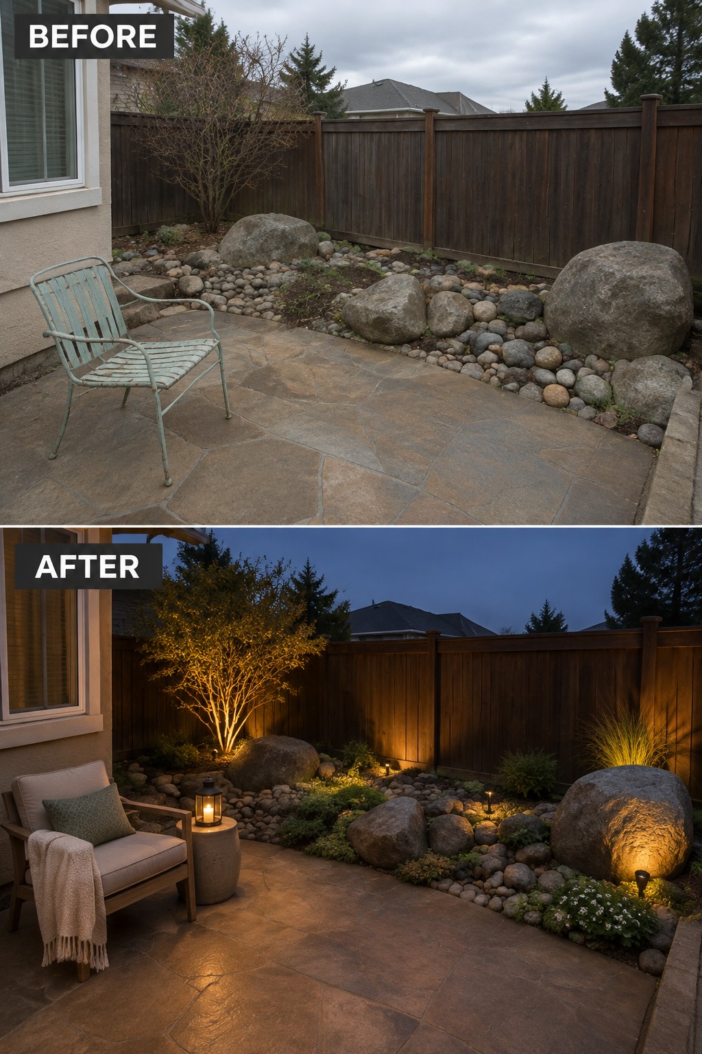 Before and after of overgrown garden nook transformed into cozy lounge with string lights and lanterns.