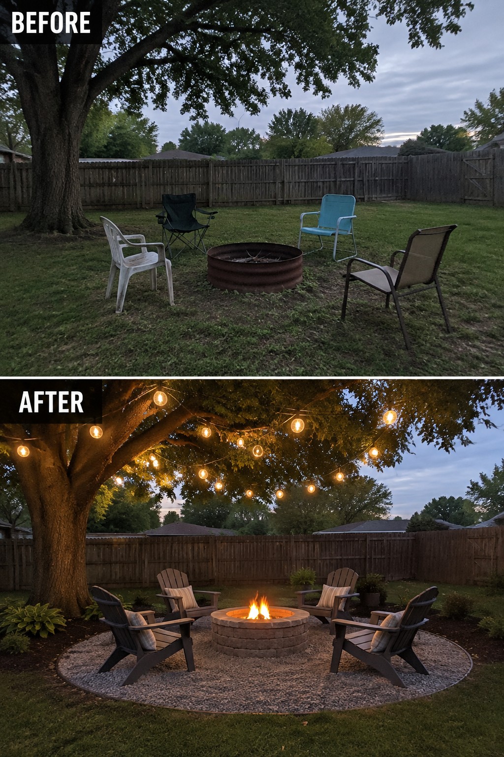 Before-and-after patio with string lights, cushions, lanterns and rug under tree.