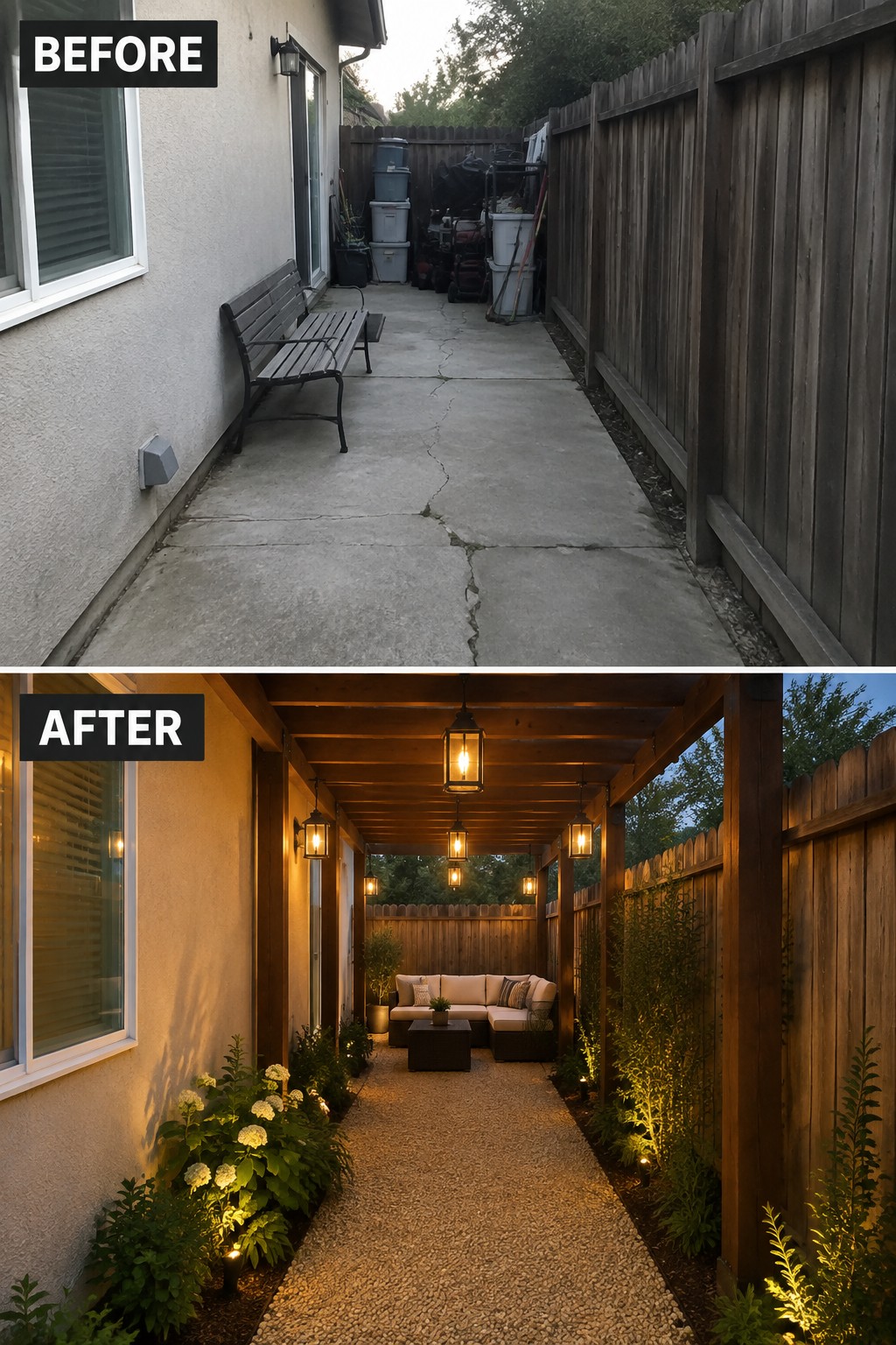 Before and after rooftop terrace at night with string lights, sofa, and fire pit.
