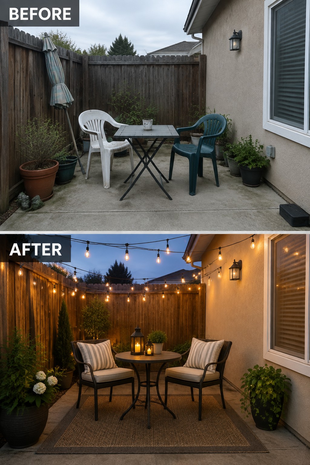 Before-and-after image of a concrete patio with scattered plastic chairs changed into a furnished outdoor seating area with a sectional sofa, rug, coffee table, and string lights.