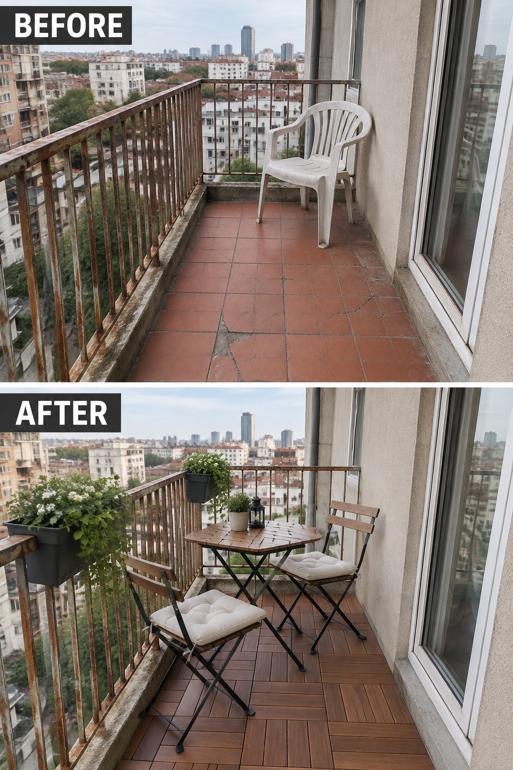 Before-after balcony: rusty railing, cracked tiles vs wooden deck, chairs, plants