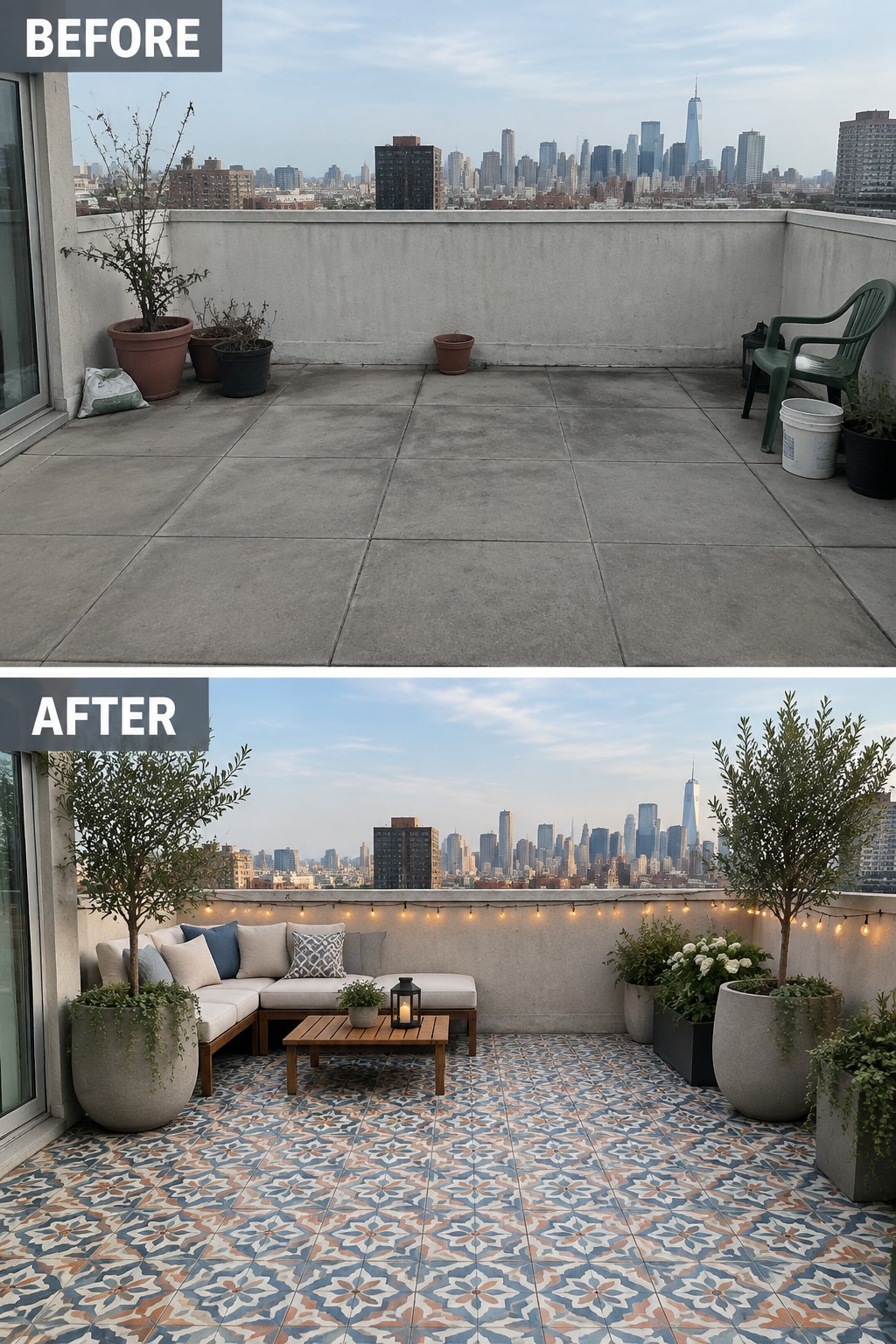 Before-and-after rooftop patio with patterned tiles, sofa, lights, and plants overlooking NYC skyline.