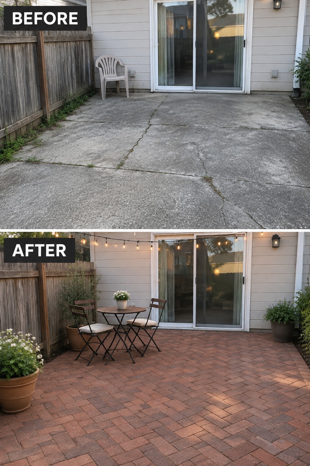 Before-and-after image of a cracked concrete patio changed into a brick-paver surface with a small bistro table and chairs.