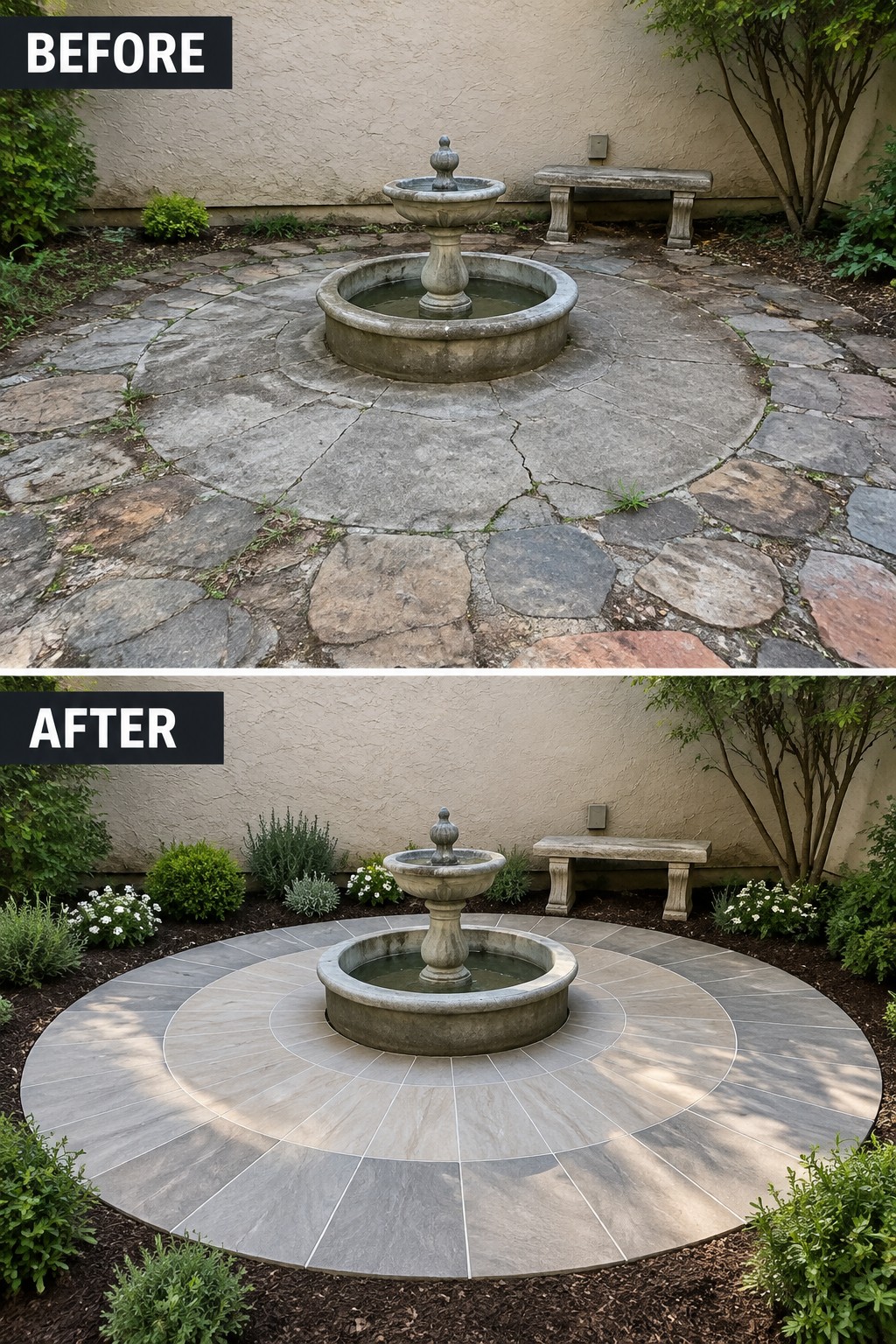Before-after fountain patio: irregular stones replaced by neat circular tiles with added plants.