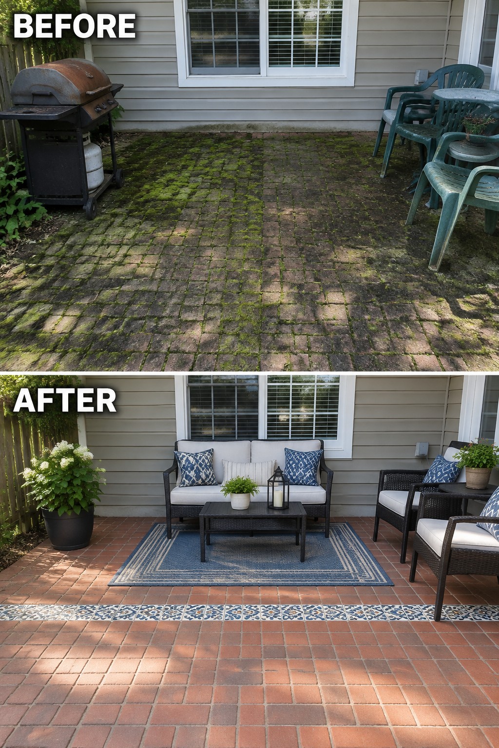 Split image of mossy brick patio before and clean furnished red brick patio after