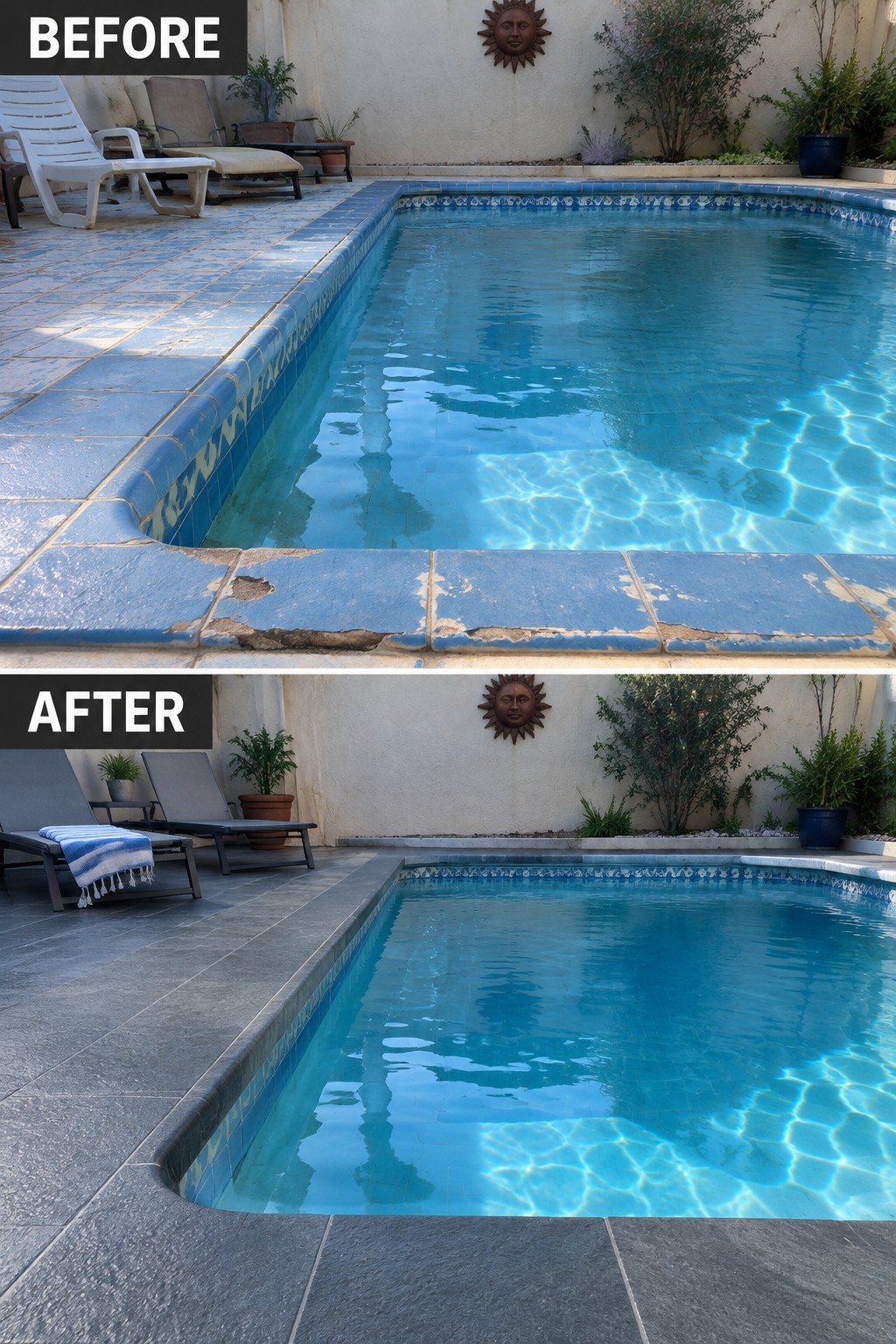 Before-and-after image of a pool area with cracked blue tile coping replaced by dark gray paving stones and refreshed lounge chairs.