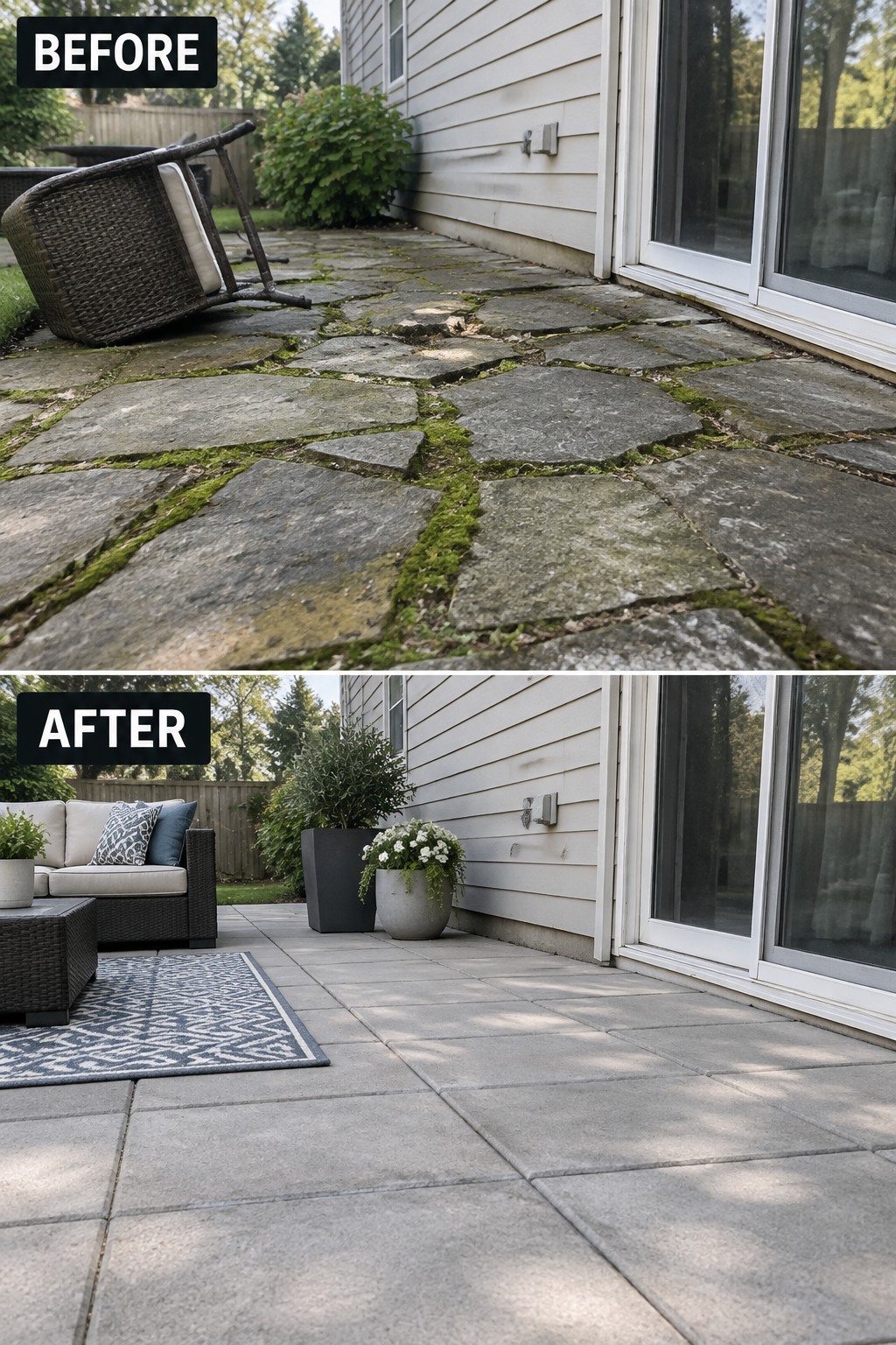 Patio before and after: mossy cracked stones replaced by clean gray tiles with furniture