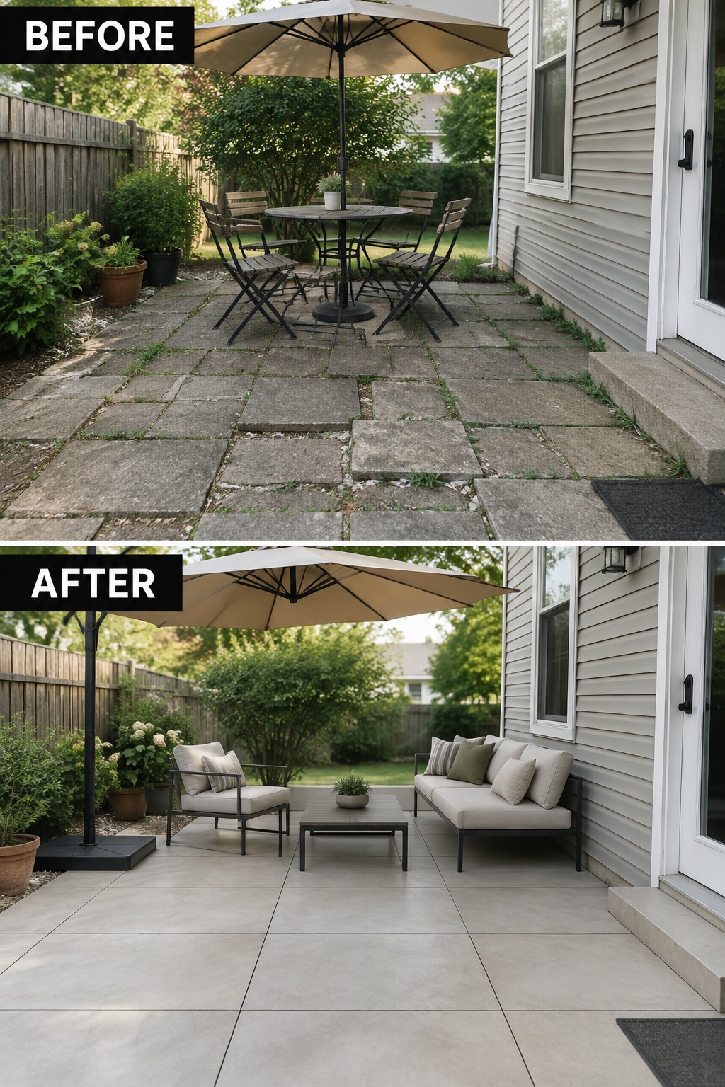 Before and after patio renovation with new tiles and modern seating