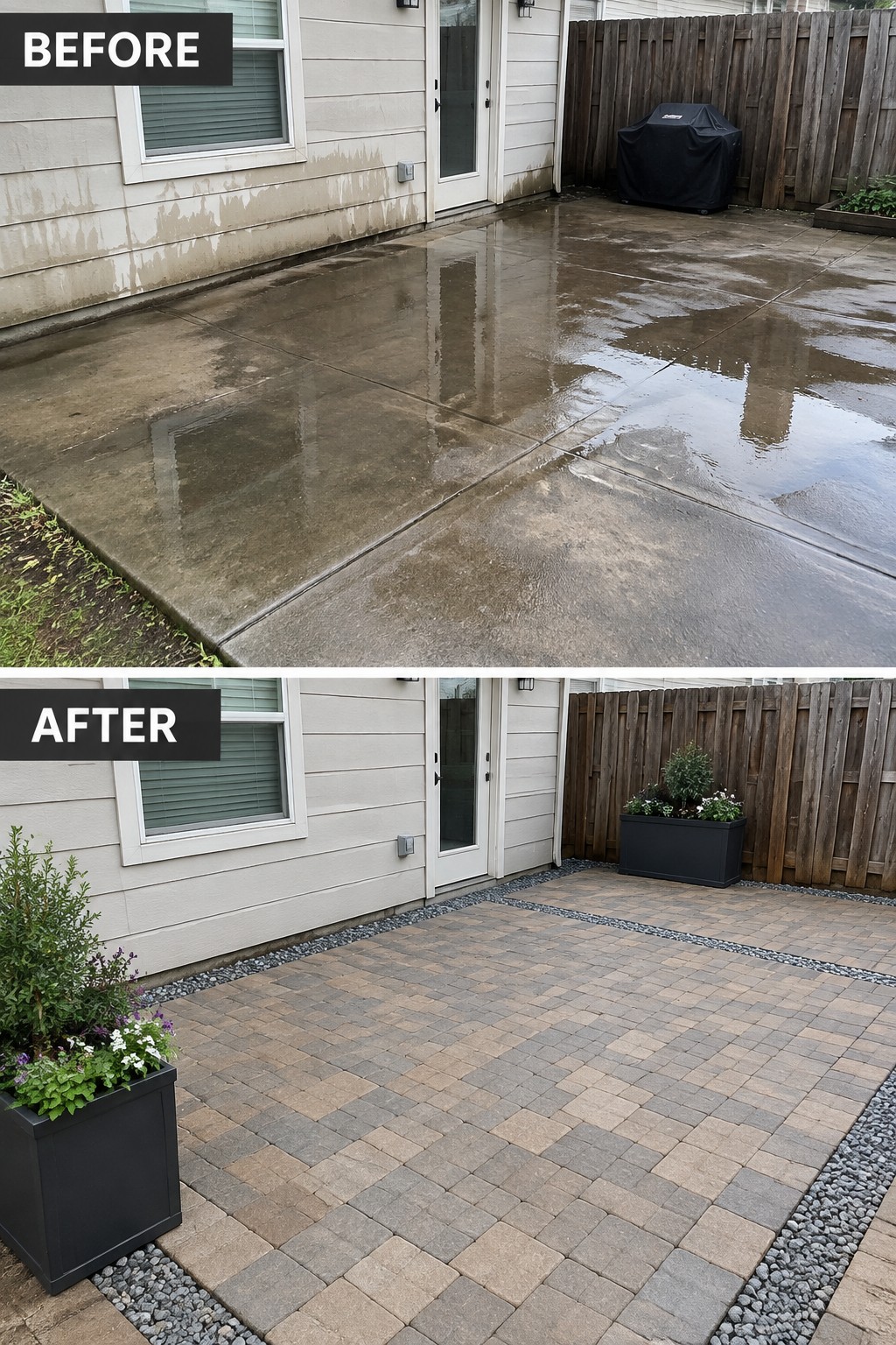 Before and after of wet concrete patio replaced with colorful paver stones.