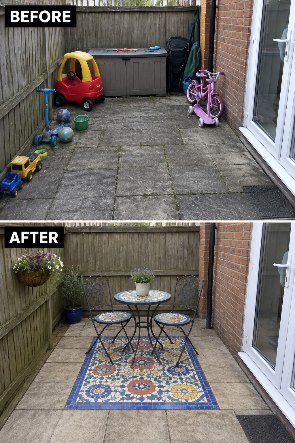 Before-and-after backyard patio: cluttered toys replaced by bistro set, rug, and plants.