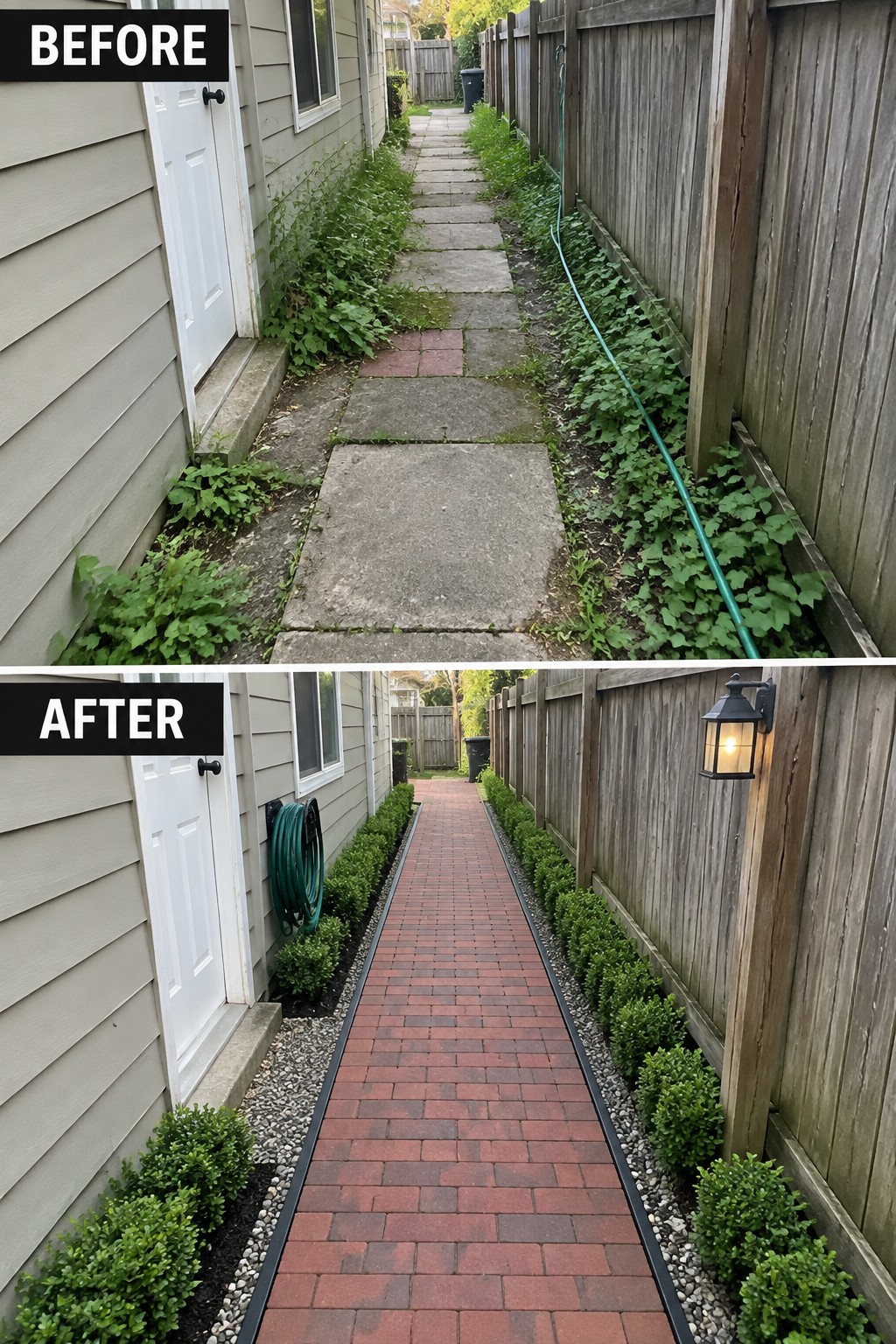Before-and-after views of narrow side yard path transformed with red bricks and shrubs