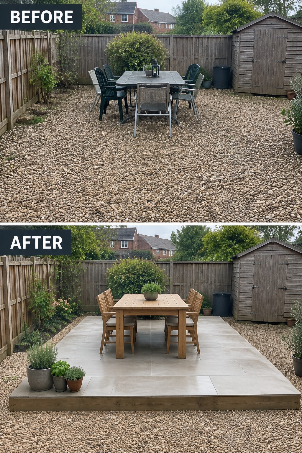 Before and after backyard patio transformation from gravel to paved tiles with furniture.