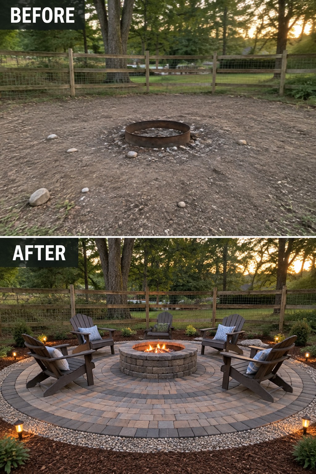 Before bare dirt fire ring, after stone pit with patio chairs and lights