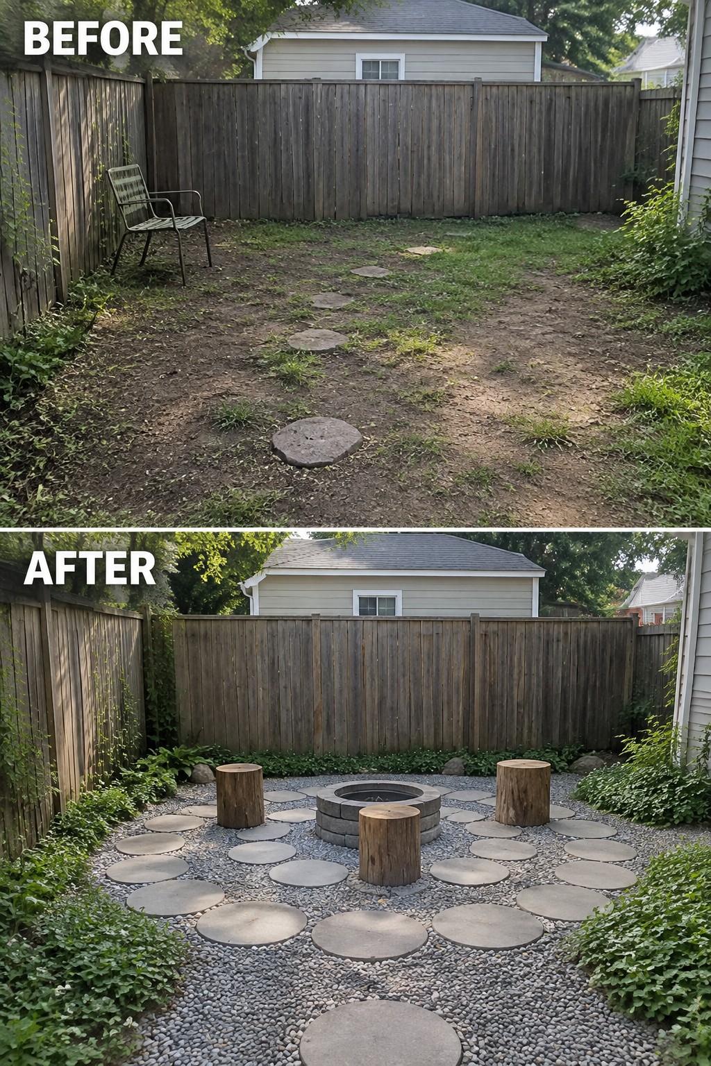 Before and after backyard with fire pit, gravel, tree-stump seats and stepping stones
