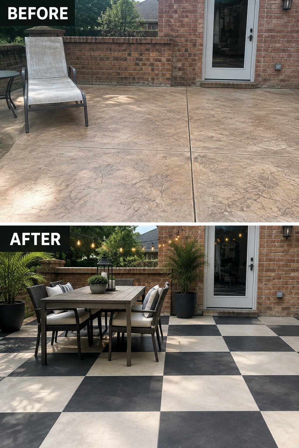 Before stamped concrete patio and after checkered tile patio with dining set and lights.