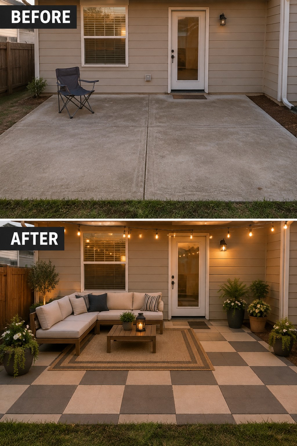 Before-and-after image of a plain concrete patio transformed with checkerboard paving stones, outdoor sectional seating, a rug, and string lights.
