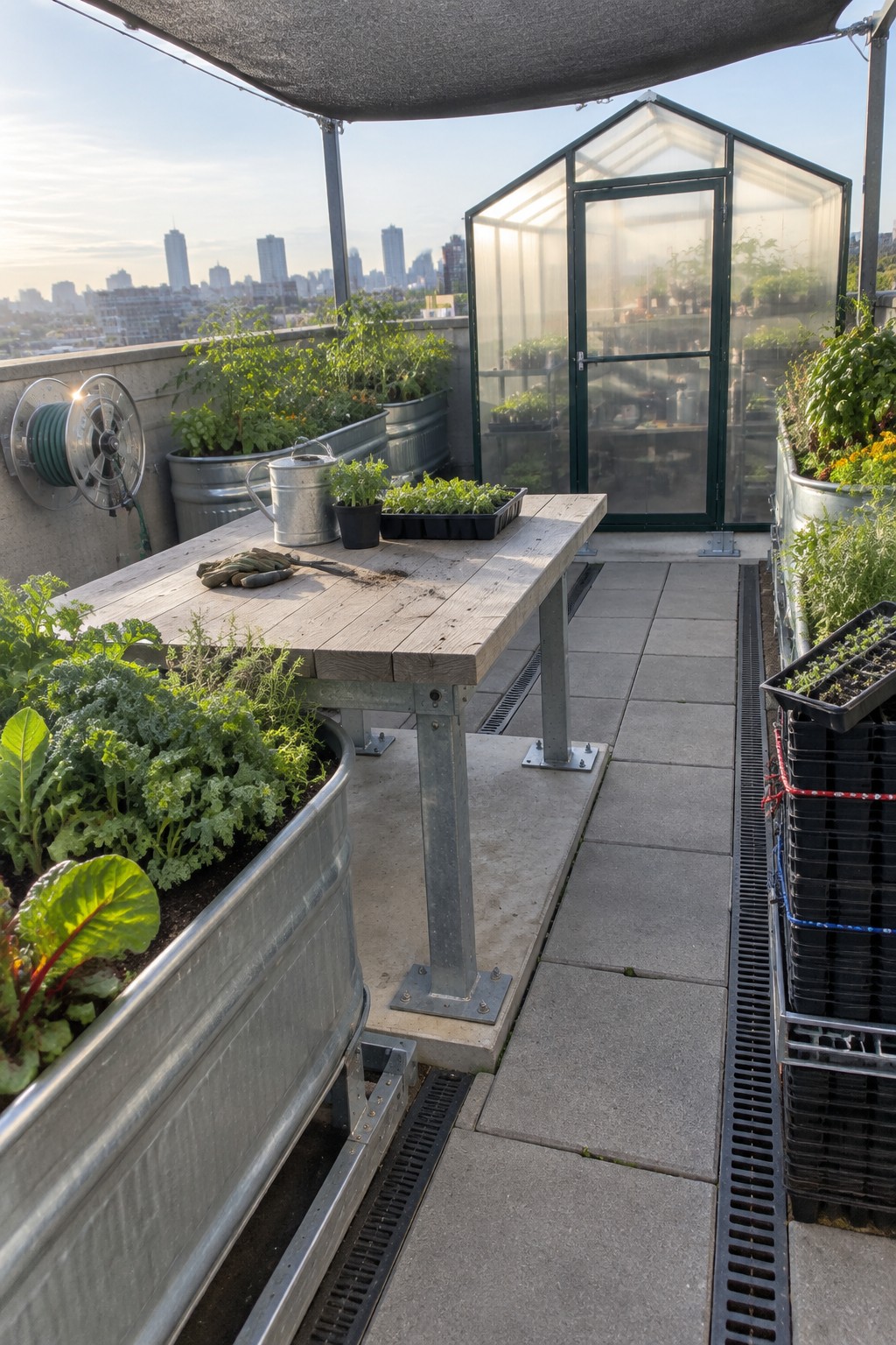 Rooftop garden scene with large galvanized metal planters holding leafy greens, a wooden work table, and a greenhouse in the background overlooking a city skyline.