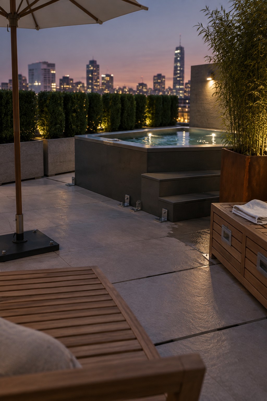 Rooftop terrace at dusk featuring a hot tub, wooden lounge furniture, an umbrella, and large planters with hedges and bamboo overlooking a city skyline.