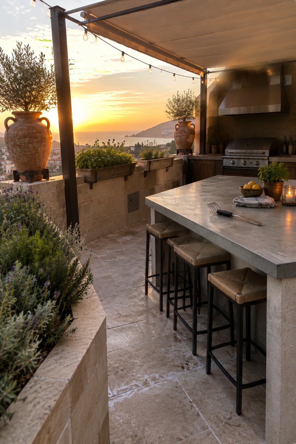 Rooftop terrace with concrete kitchen island, bar stools, and large terracotta planters placed along the stone walls overlooking the sea.