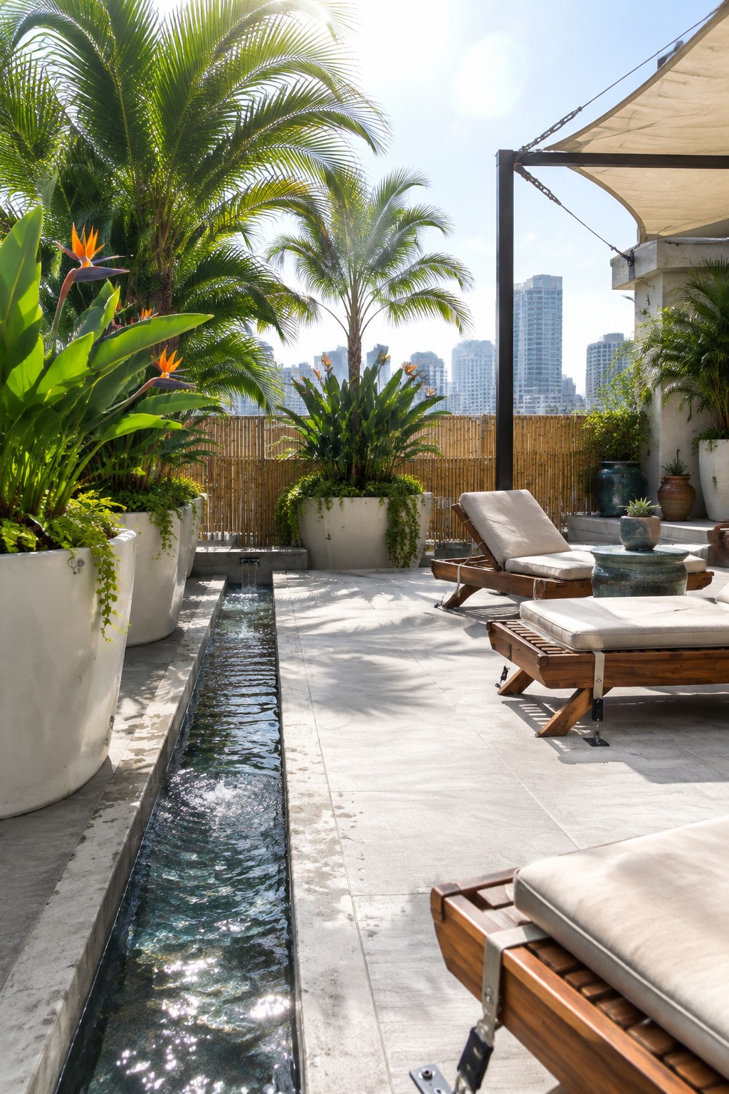 Rooftop terrace with large white planters holding tropical plants, a narrow water channel, wooden lounge chairs, and city buildings in the background.
