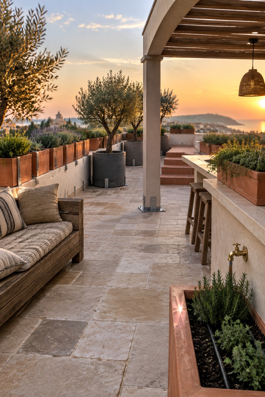 A rooftop terrace with stone flooring, wooden seating, a bar area, and rows of large rectangular and round planters holding trees and shrubs at sunset.
