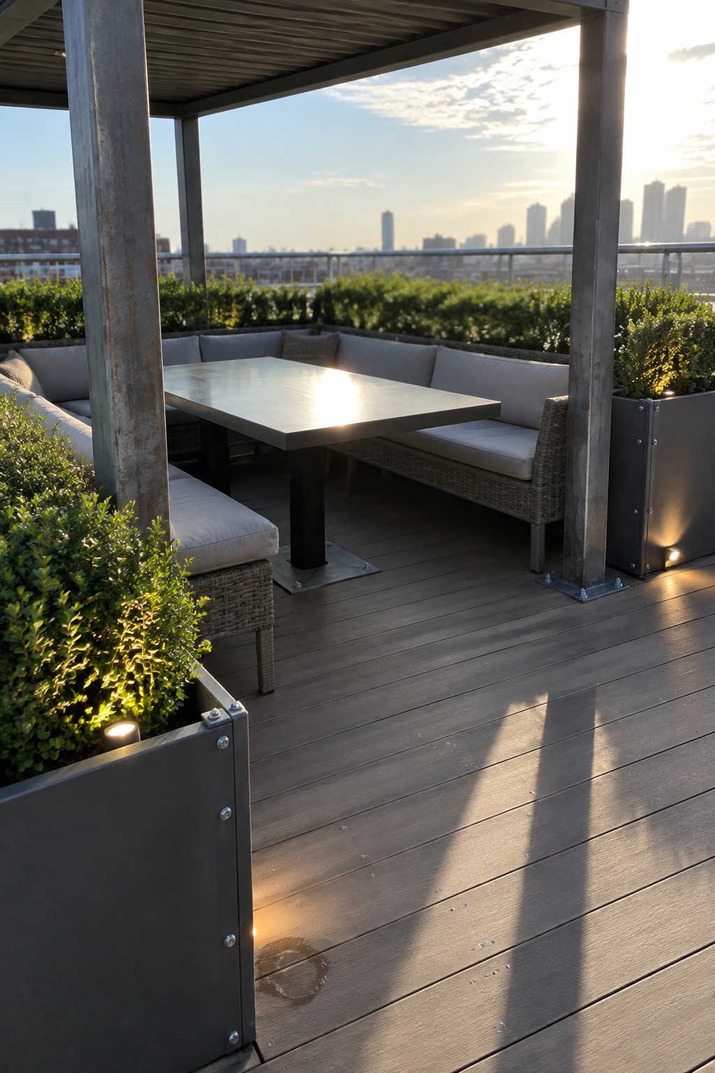 Rooftop terrace with large metal planters holding green shrubs around a wicker sofa and table on a wooden deck, city skyline visible in the background.