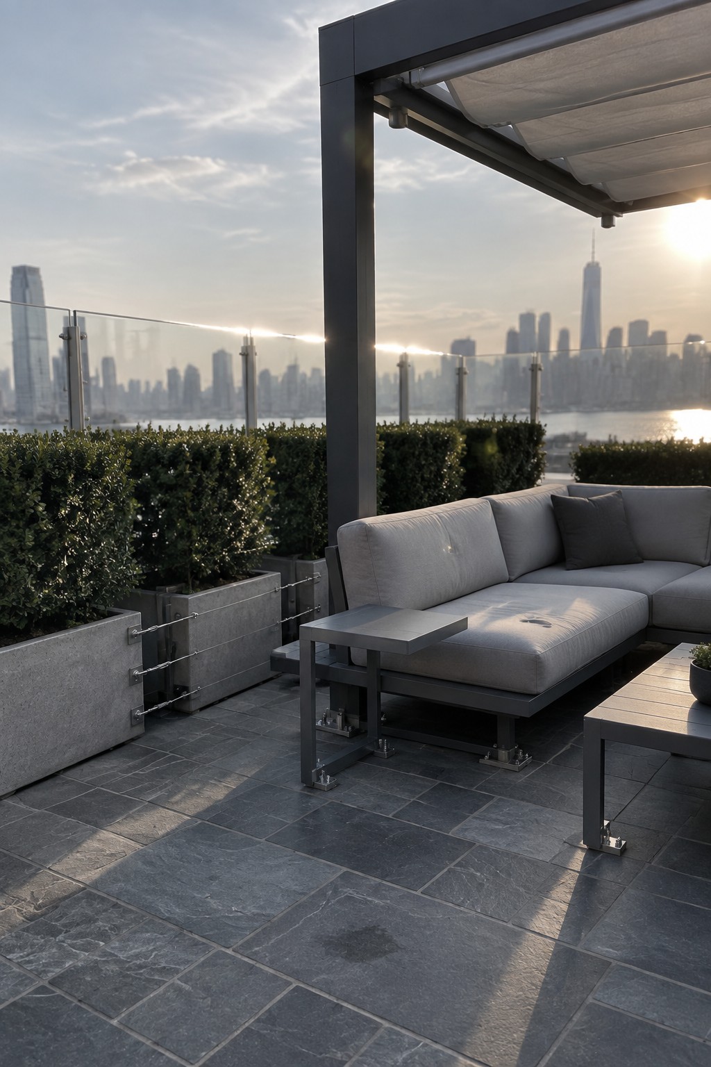 Modern gray sectional sofa on rooftop terrace overlooking city skyline at sunset