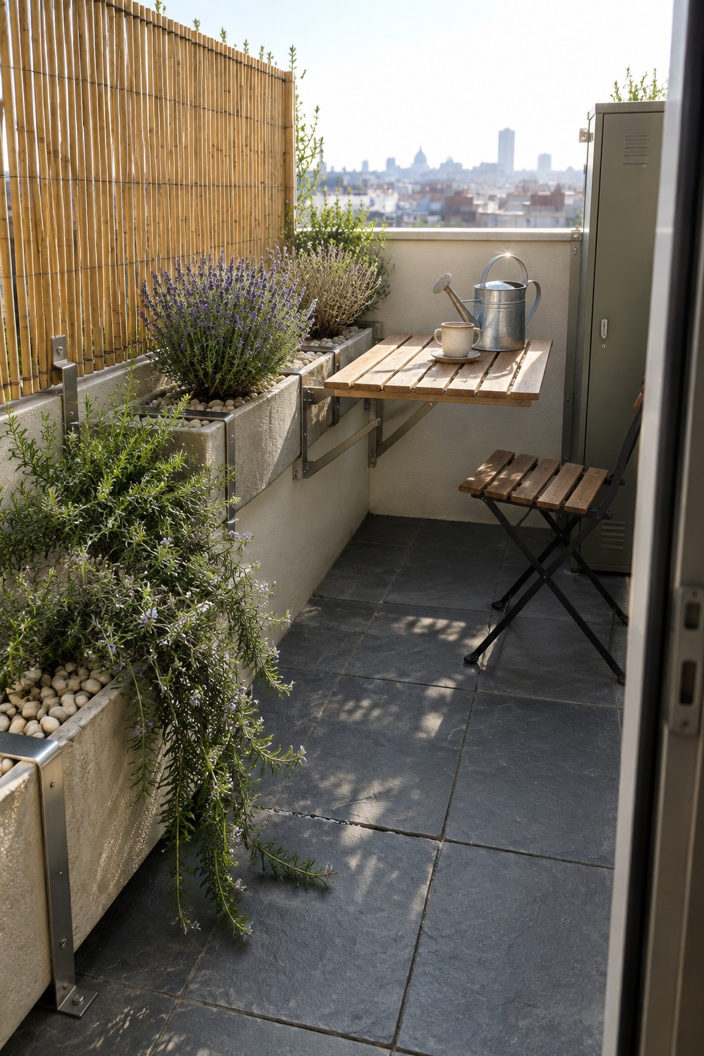 A small rooftop balcony with rectangular concrete planters mounted to the wall using metal brackets, containing lavender and rosemary plants, next to a folding wooden table and chair.