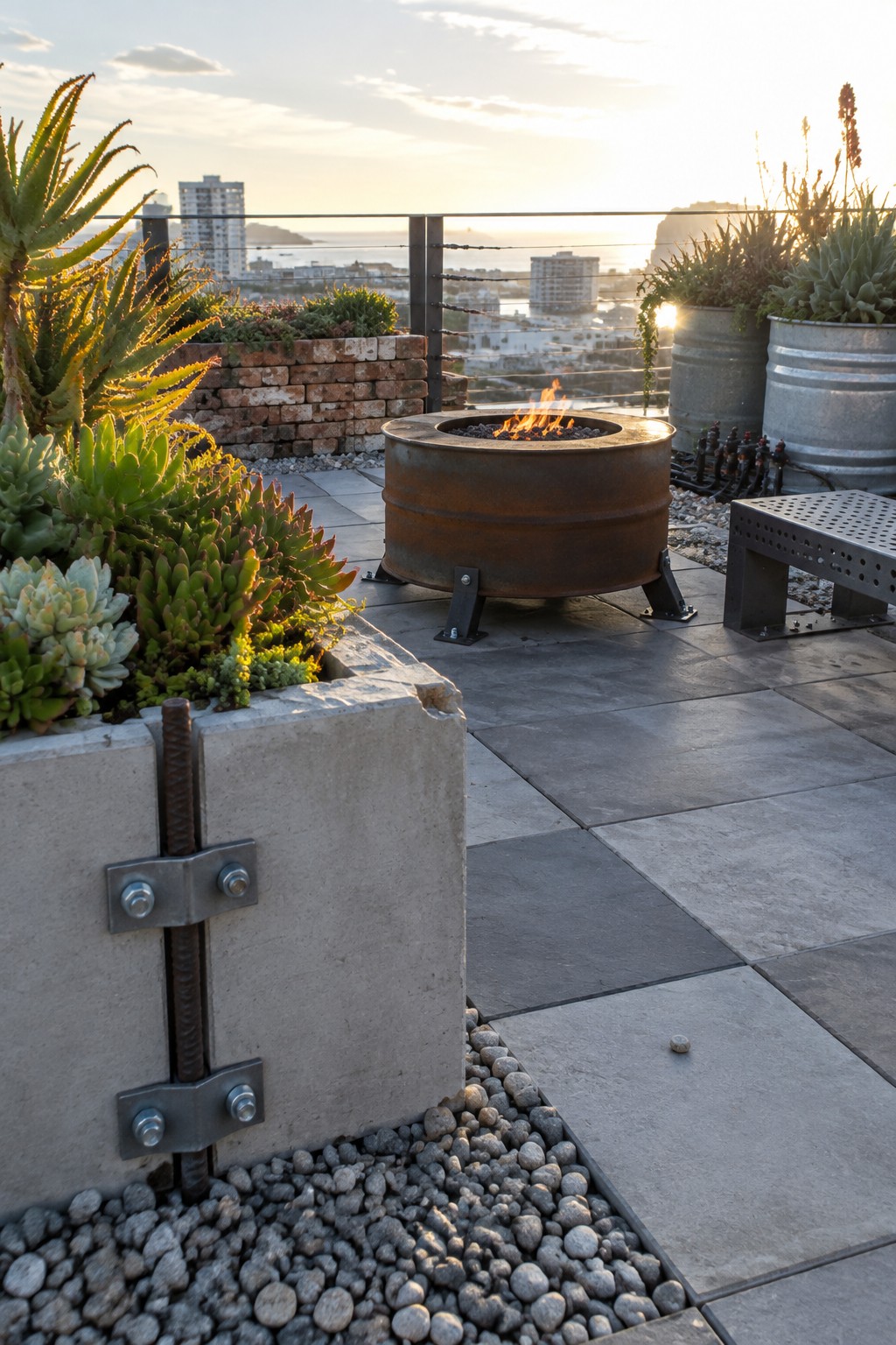 A rooftop terrace shows large concrete planters secured with metal brackets and rebar, a rusted metal fire pit on gray tiles, and several metal barrel planters with succulents.