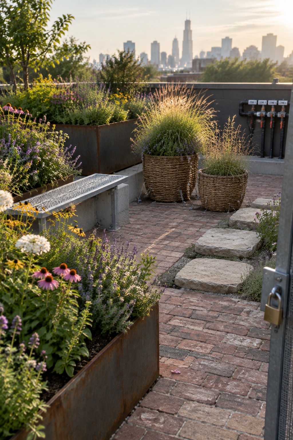 Rooftop garden with metal trough planters, large woven basket containers, brick paving, stone stepping stones, and a metal bench overlooking a city skyline.