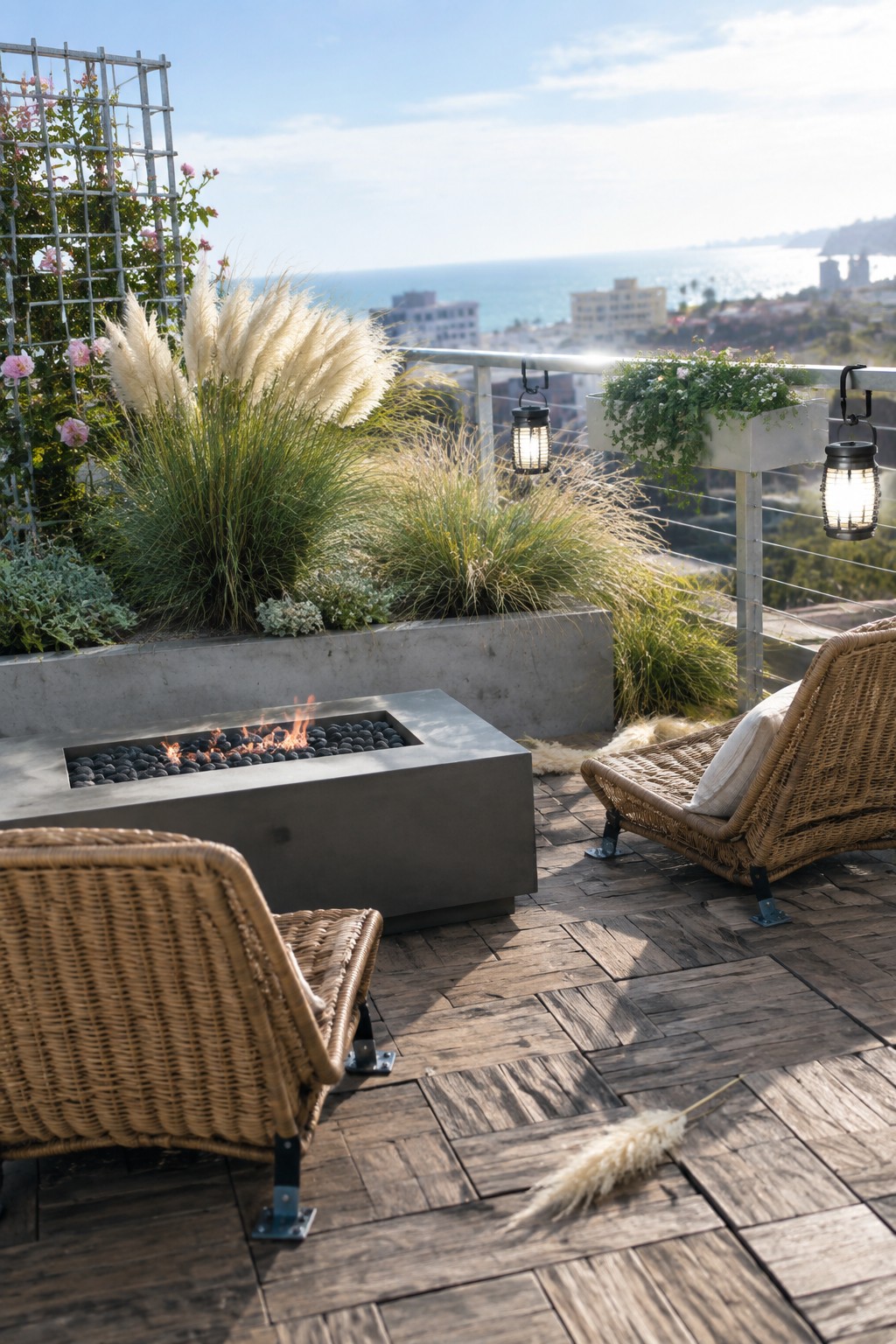 Rooftop terrace featuring large rectangular concrete planters with tall grasses, a metal fire pit, woven chairs, and hanging lanterns beside a cable railing with ocean views.