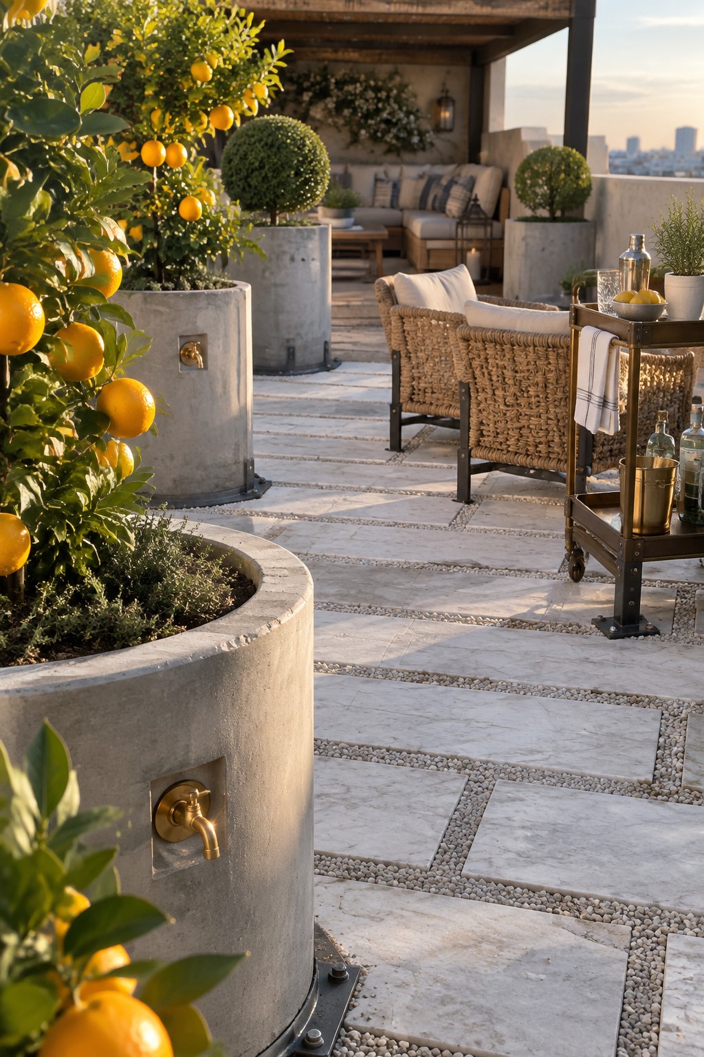 Luxurious rooftop terrace with citrus trees in concrete pots, wicker chairs, and bar cart.