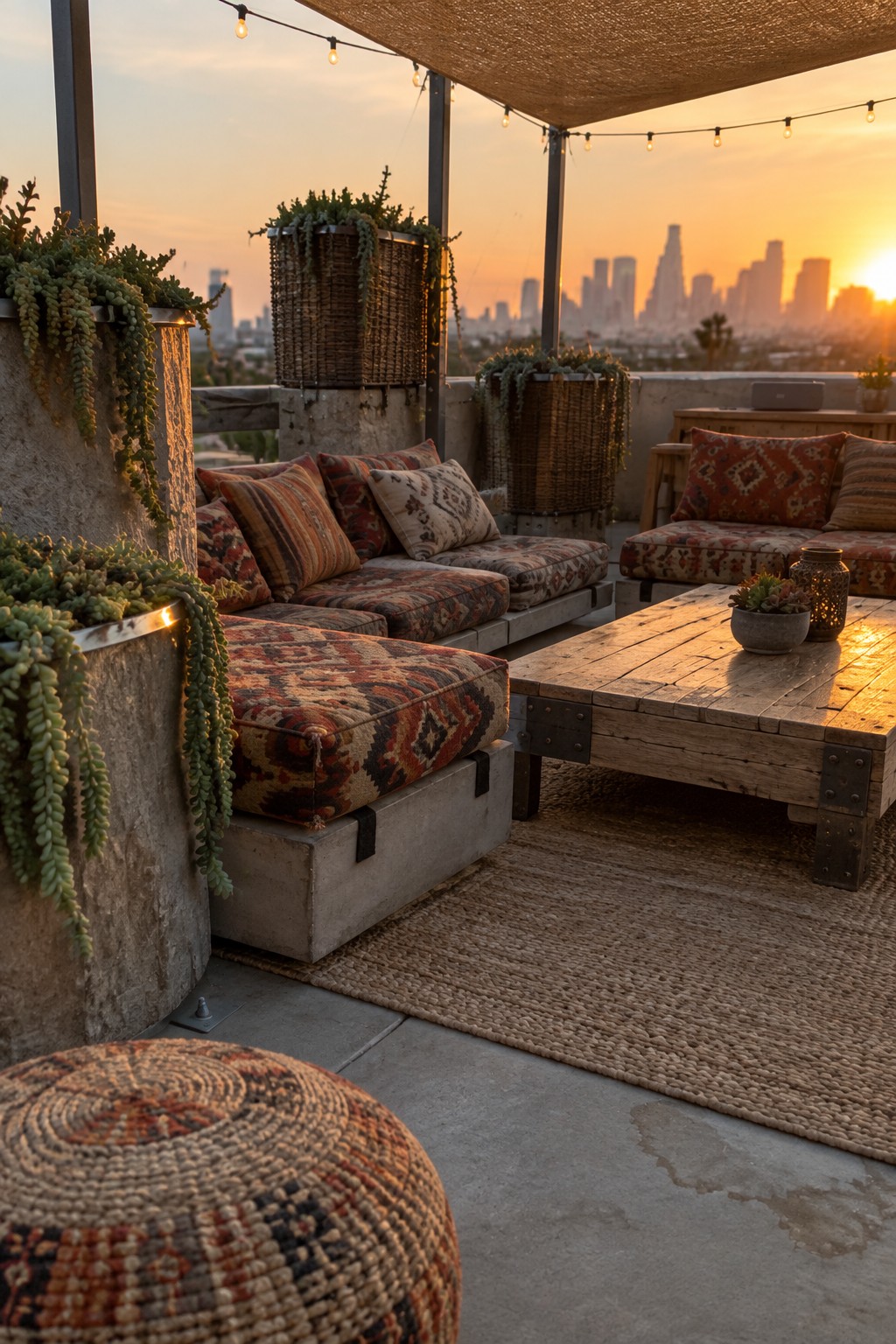A rooftop terrace features large concrete planters with trailing succulents arranged around cushioned outdoor seating, a wooden coffee table, and a woven rug, with a city skyline visible at sunset.