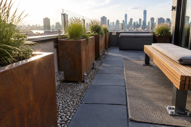 22 Durable Roof Garden Ideas for Windy Rooftops Using Anchored Planters Rooftop garden with large rusted metal planters, stone pavers, gravel, wooden bench, and distant city skyline.