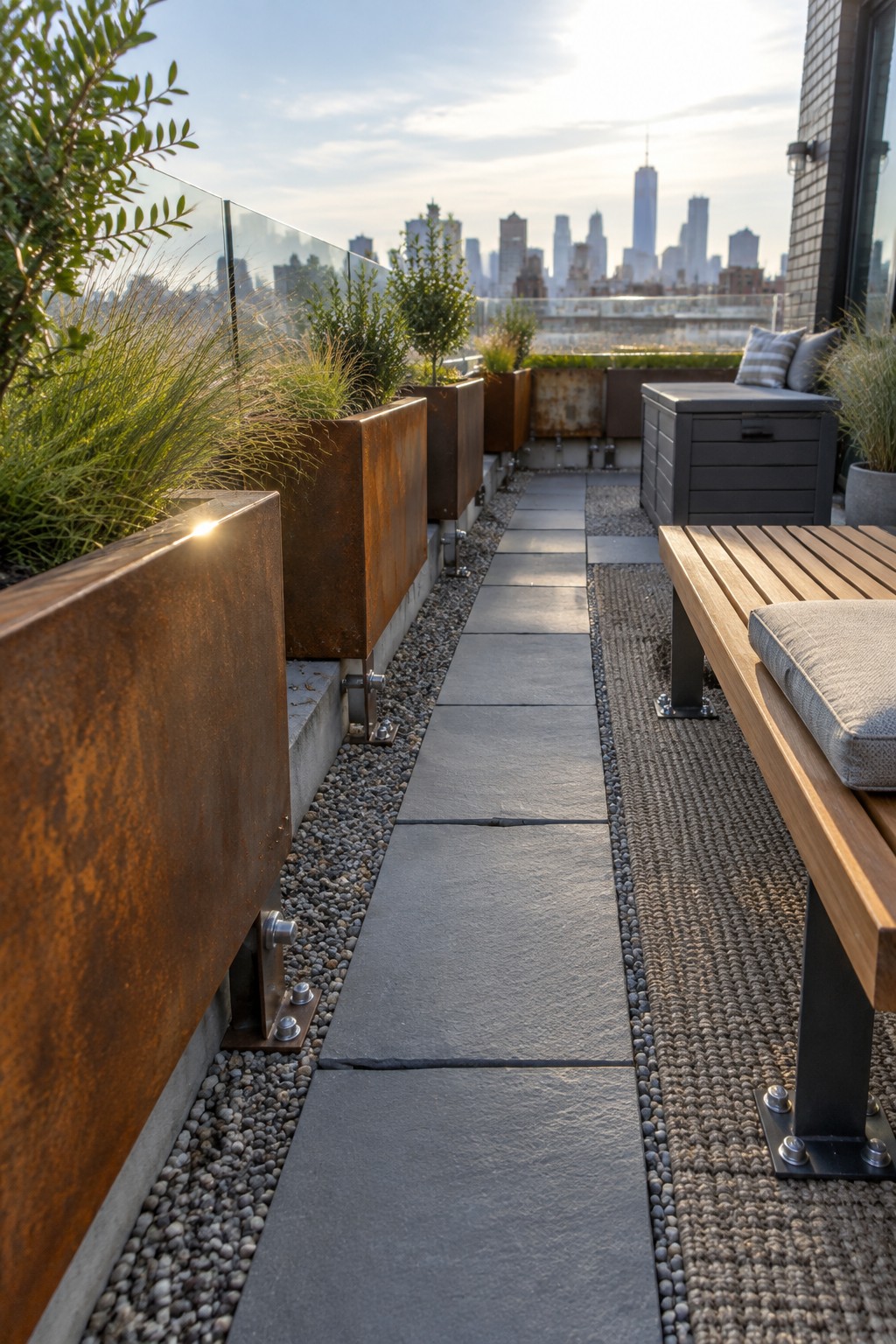 Rooftop garden with large rusted metal planters, stone pavers, gravel, wooden bench, and distant city skyline.