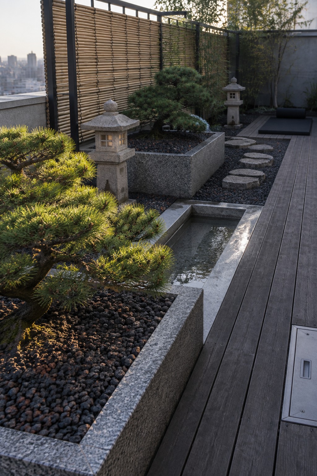 Rooftop garden with large stone planters holding bonsai trees and a water feature, surrounded by gravel, stepping stones, stone lanterns, and a wooden deck.