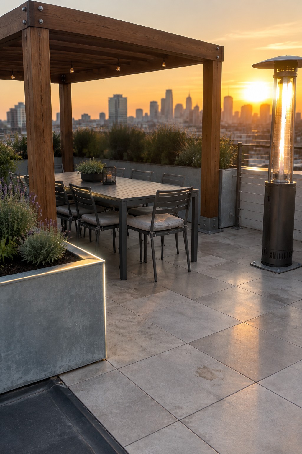 Rooftop terrace at sunset with wooden pergola, dining table and chairs, lit outdoor heater, and large concrete planters holding plants against a city skyline.